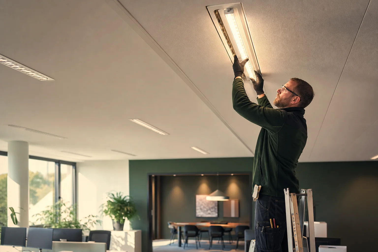 Techniker rüstet eine bestehende Deckenleuchte auf LED-Technik um