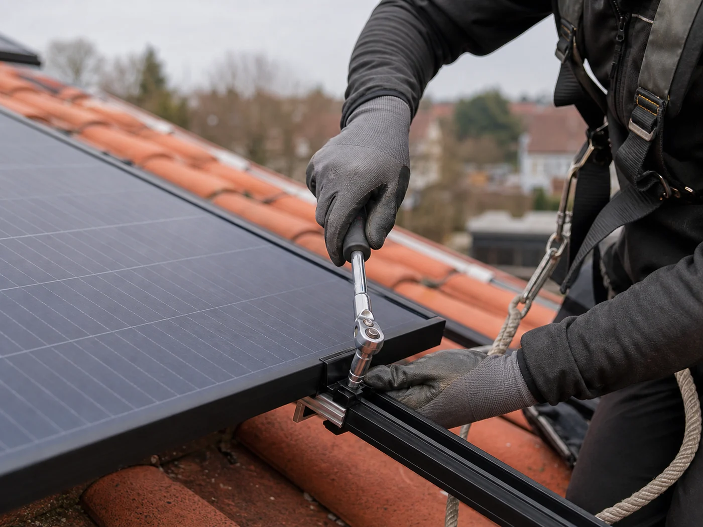 Fachgerechte Befestigung eines Solarmoduls an einer Montageschiene